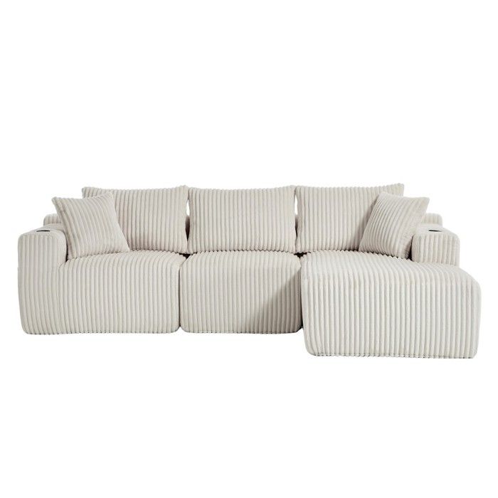 Canapé modulaire 2 places méridienne velours côtelé 5 coussins poches latérales porte-gobelets mousse HD DIY salon beige257x160x62cm Canapé modulaire 2 places méridienne velours côtelé 5 coussins poches latérales porte-gobelets mousse HD DIY salon beige257x160x62cm