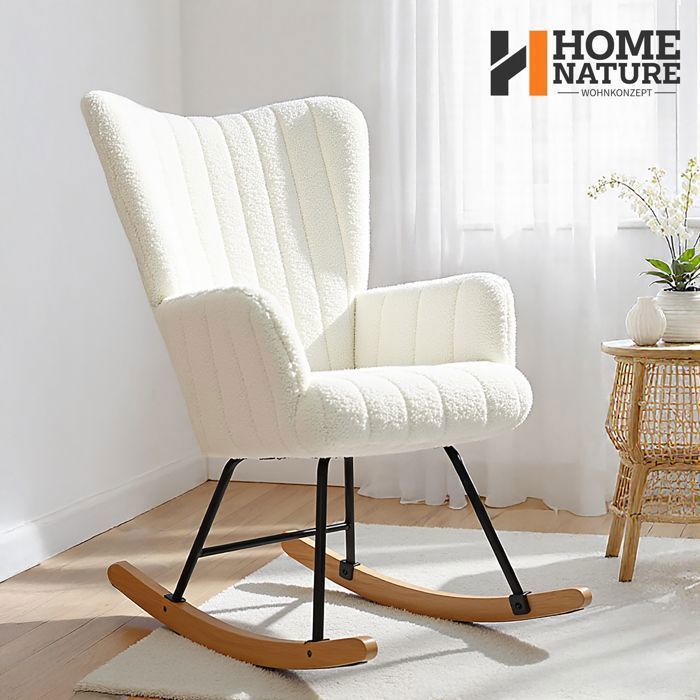 Fauteuil à bascule moderne - Haut dossier - Tissu bouclette blanc - Pieds bois & métal - Charge 150 kg
