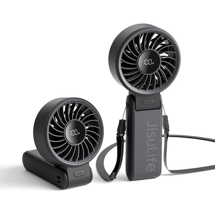 Ventilateur portable JISULIFE 5000 mAh 195 h–Éventail 3-EN-1 Main/Bureau/Cou–Noir