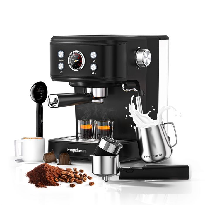 Zitty Machine à Café 20Bar 2-en-1 Capsules & Poudre Aluminium Inox Noir 1500CC PID