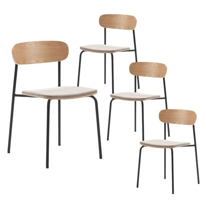 Lot de 4 chaises dossier bois assise tissu taupe et pieds métal noir - RIDILA
