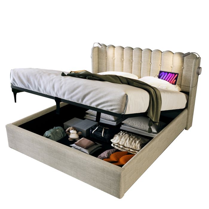 Lit coffre 2 places avec matelas 140x200 cm – beige lin tête de lit avec lampe de lecture et USB