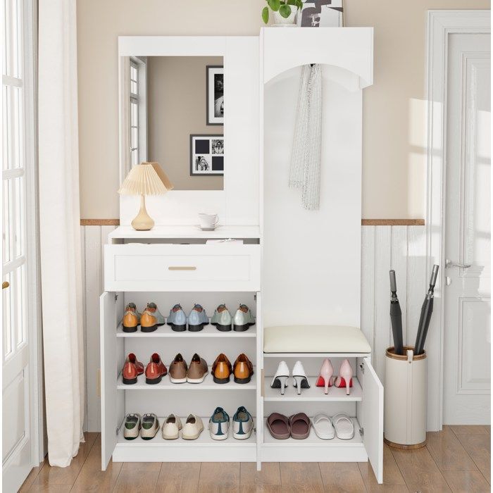 MEULVA Meuble d’entrée compact avec miroir penderie banc à chaussures et rangement blanc 110 x 33 x 1855 cm