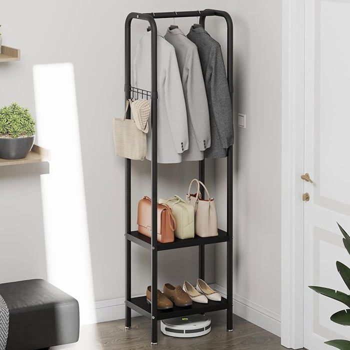 Porte manteau en métalpetit porte manteauportant à vêtements autoportant avec 2 étagères et crochetstringle à vêtements Noir