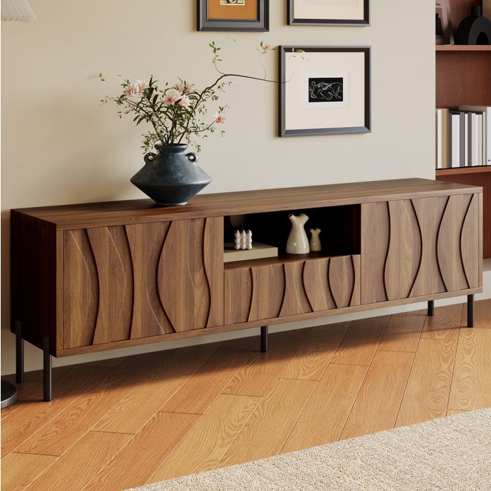 DESVIAE Meuble TV 160 cm 3 portes en MDF naturel niche centrale abattant et passe-câbles