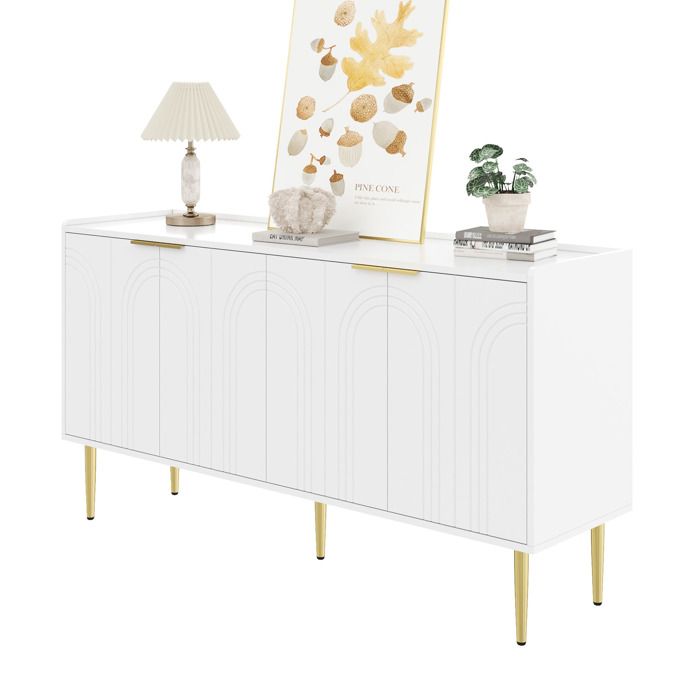 WOVREO buffet bas 4 portes 140 x 38 x 75 cm MDF blanc avec accents dorés étagères réglables fermeture douce