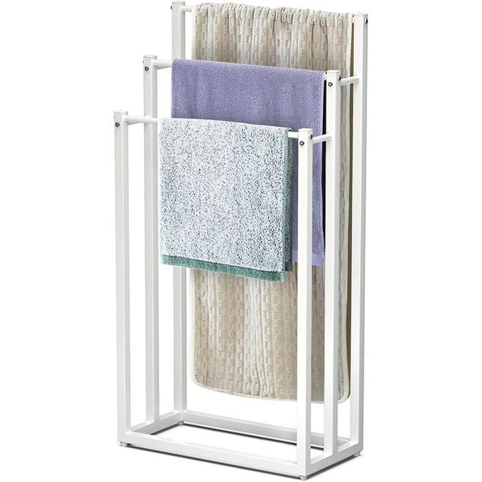 Porte-Serviettes autoportant sur Pied Support à 3 Niveaux en Métal Rangement Stable pour Serviettes de Bain et Accessoires Blanc