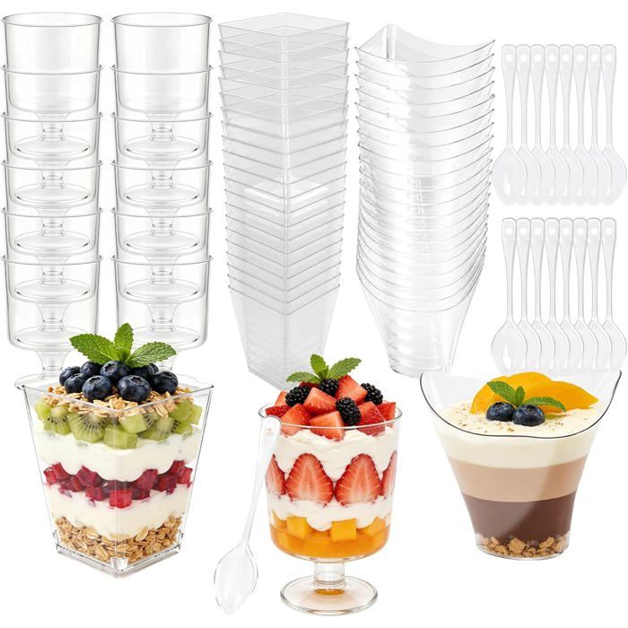 Lot de 50 verrines dessert - 3 styles - plastique réutilisable sans BPA cuillère fournie transparentes et empilables