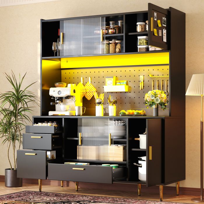 Buffet haut salle à manger -Meuble vaisselier cuisine avec éclairage LED -Armoire vitrine noire -Dimensions: 140 × 40 × 180 cm
