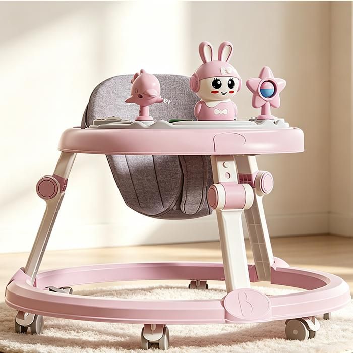 Trotteur pour Bébé Trotteur pliable pour bébé Réglage hauteur 7 niveaux Équipé freinage auxiliaire boîte musique détachable Rose