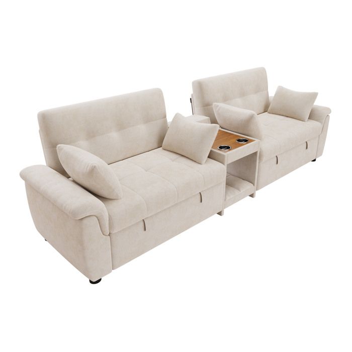 Canapé convertible en U beige en chenille 2 couchages escamotables dossier 3 positions console 2 porte-gobelets 4 coussins