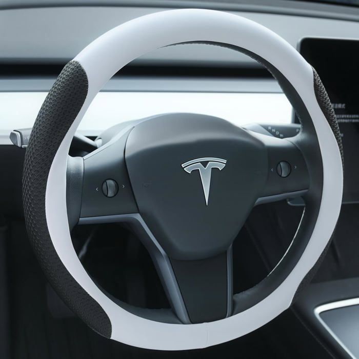 Housse Volant Tesla Model 3 Y Cuir Nappa Noir Blanc 38cm Protection Volant Anti Dérapante Respirante Accessoire Intérieur