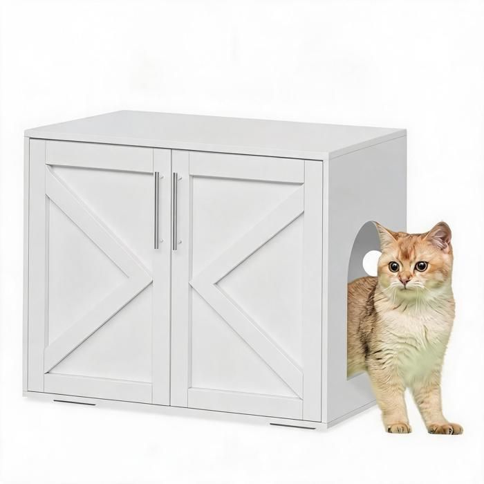 Meuble Cache-Litière Chat Spacieux 65x57cm - Maison Bois Style Grange Ventilé Table dAppoint Design Élégant Blanc