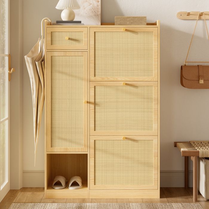 Meuble à chaussures en osier 3 abattants tiroir et porte meuble de rangement polyvalent pour couloir salon 80 5 × 25 × 125 cm