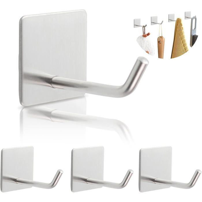 4 Pièces Crochet Adhesif Mural Prolongé Crochets Adhesifs Muraux Salle de Bains pour Cuisine Perçage Porte Serviette Mural Argent