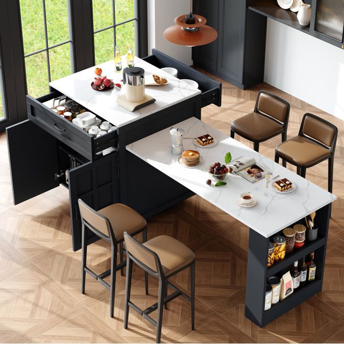 Table haute extensible avec rangement 2 tiroirs 4 compartiments et étagères latérales 2 à 6 personnes noire