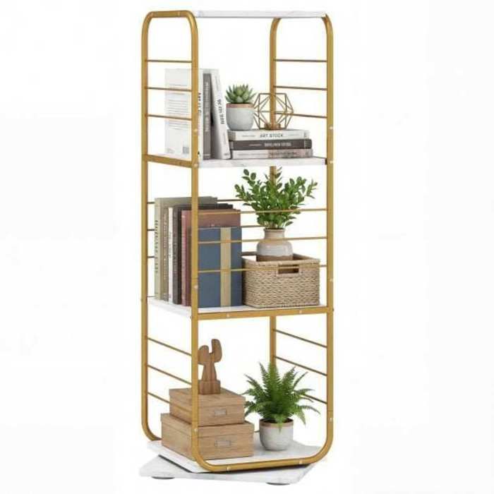 Salon bureau ou chambre : bibliothèque colonne rotative pour petit espace finition effet marbre doré