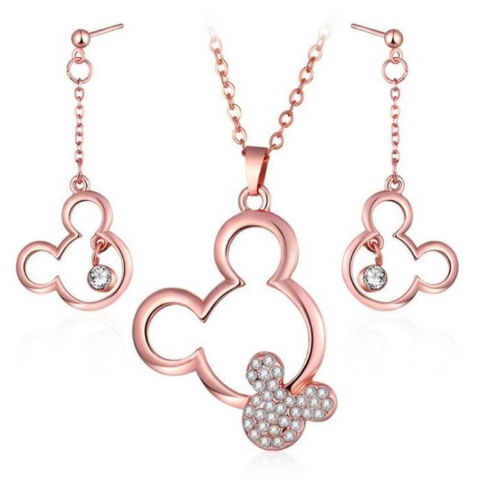 Ensemble Collier & Boucles D'Oreilles Argent Sterling 925 - Pendentif Mickey Mouse & Strass CZ - Boîte Cadeau Incluse - Cadeau Femme Fille
