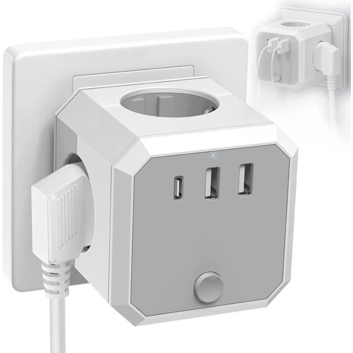Multiprise Cube Syfrufo Avec 6 Prises + USB - Blanc Mat, Sans Fil, Idéal Bureau Ou Voyage