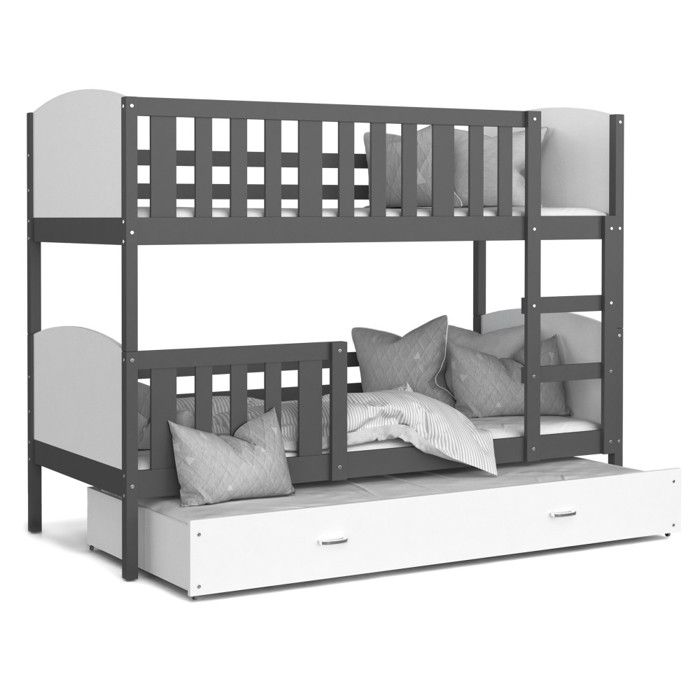 LIT SUPERPOSE 3 PLACES 90x190 TOMY GRIS BLANC Livré avec 3 sommiers et 3 matelas en mousse de 7cm OFFERTS