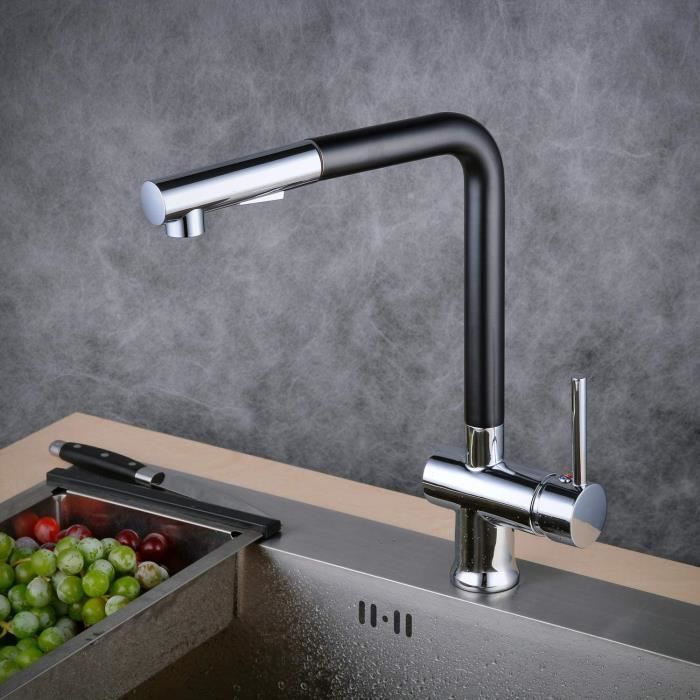 Mitigeur cuisine douchette noir laiton robinet évier 2 jets