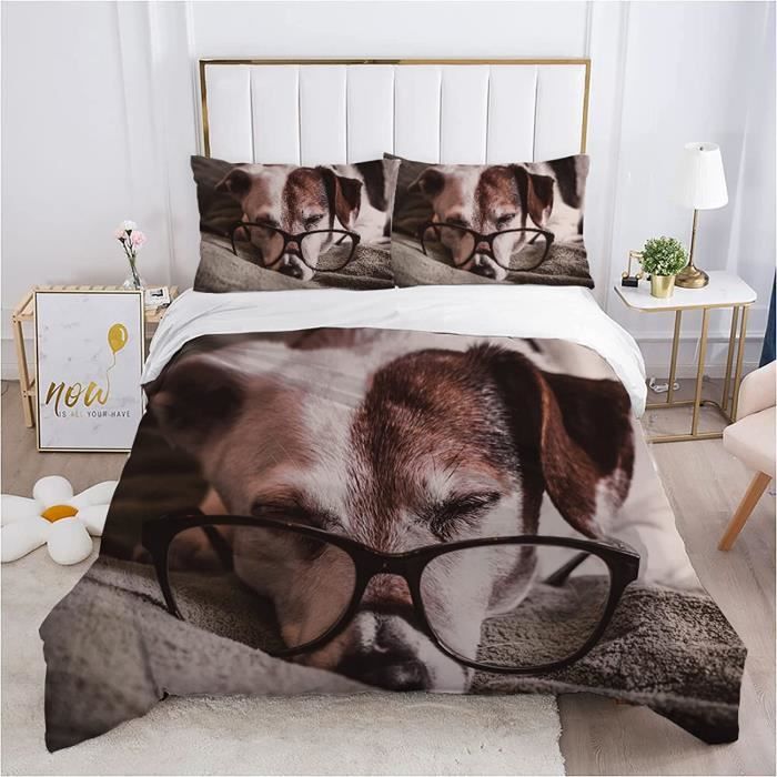 Housse De Couette 220x240cm Chien Chat Gris Microfibre Avce 2 Taies D'oreillers Fermeture éclair