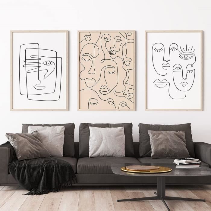 Ensemble De 3 Toiles Encadrées - Art Mural Minimaliste Lignes Neutres - Beige - 16x24 Pouces