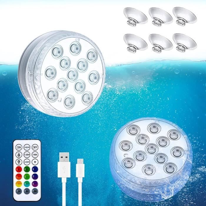 2 Pcs Lumière LED Submersible,Eclairage Piscine Led avec USB Rechargeable/RGB 16 Multicolores/Télécommande,Baignoire Aquarium Jardin