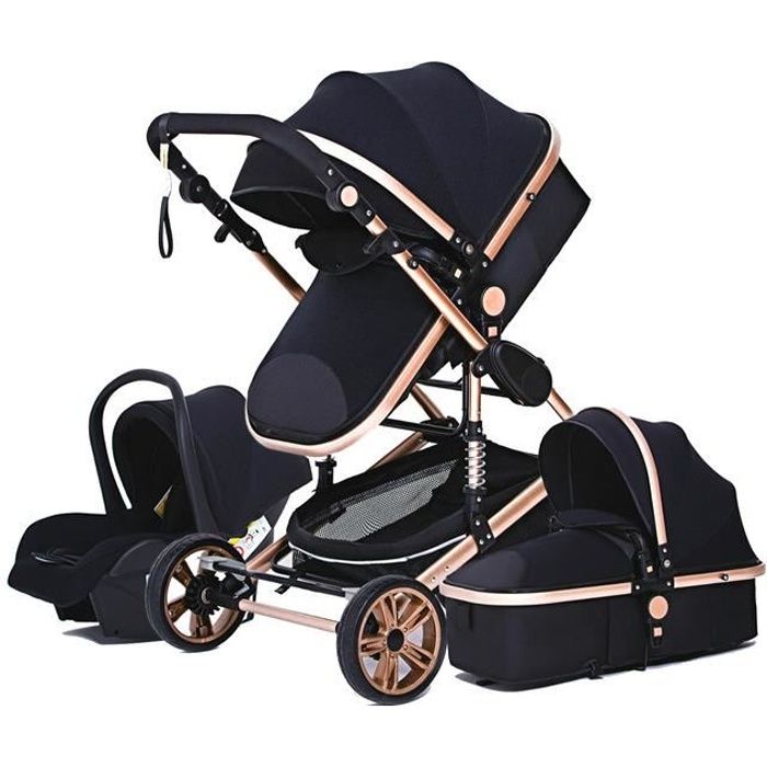 BAZARLAND30 Poussette 3 en 1 Bébé Combinée Siège-Auto Nacelle Réversible Réglable Haute Qualité Roues increvables Canne or et noir.