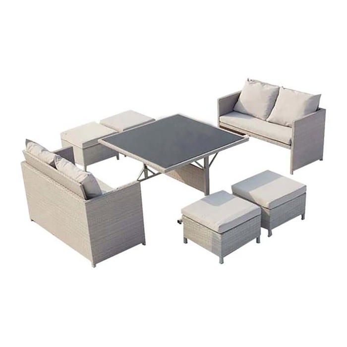 NOUMEA - Salon de jardin encastrable 8 places canapés et poufs en résine tressée gris clair