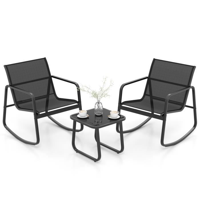 COSTWAY Salon de Jardin 3 Pcs en Métal+Textilène -Ensemble Chaises à Bascule et Table en Verre Trempé -2 Personnes -Piscine Balcon COSTWAY Salon de Jardin 3 Pcs en Métal+Textilène -Ensemble Chaises à Bascule et Table en Verre Trempé -2 Personnes -Piscine Balcon