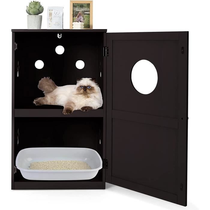 Comparer les prix de GOPLUS Maison pour Chat à 2 Niveaux avec Porte, Dispositif Anti-Basculement & Assez de Trous de Ventilation, 60 x 53 x 90 cm, Brun
