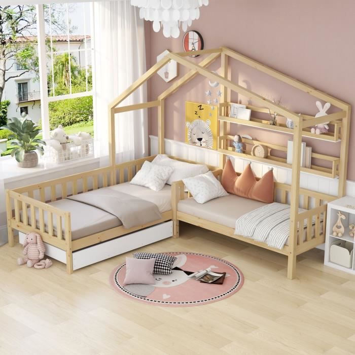Lit Cabane Enfant 70x140 Cm En Bois Naturel Avec Matelas Et 2 Tiroirs – ML Design