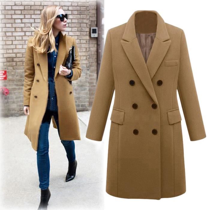Manteau d'hiver en laine pour femmes, revers et manteau long, pardessus Kaki Kaki - Achat / Vente manteau - caban - Cdiscount