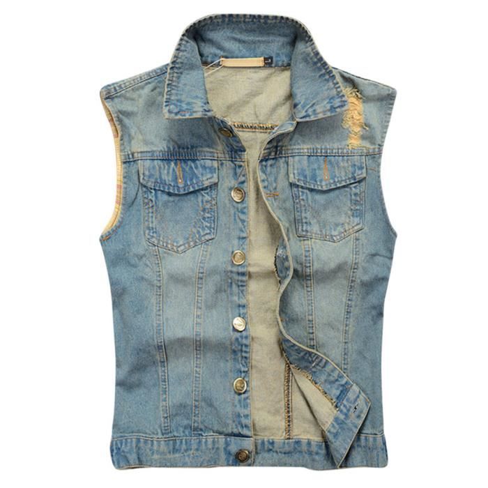 Hommes R?�tro Veste Denim sans Manches Gilets D?�chir?� Jeans Veste Casual Outwear Bleu Bleu 