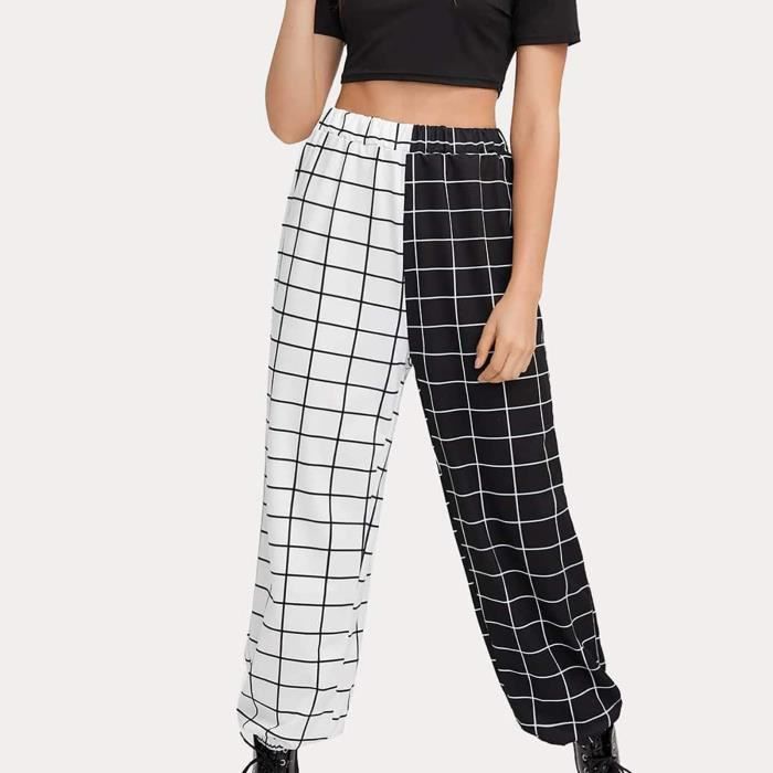 Pantalon à carreaux noir blanc à la mode pour femmes Pantalon décontracté à  poche Noir - Cdiscount Prêt-à-Porter