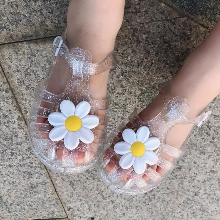 Nouveau Chaussures Femmes Gelée Sandale Talon Bas Été Fleur Boucle Fermeture Blanc 