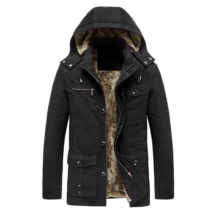 Manteau Hiver Capuche Homme Double Polaire Mi longue Chaud Epais en Coton Couleur Unie Noir Cdiscount Pret a Porter