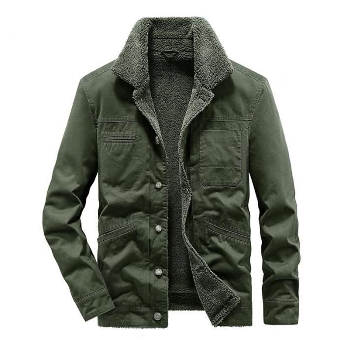 Blouson Hiver Chaud Homme en Coton Doublé Polaire Veste Zippee Militaire  Epaisse Couleur Unie