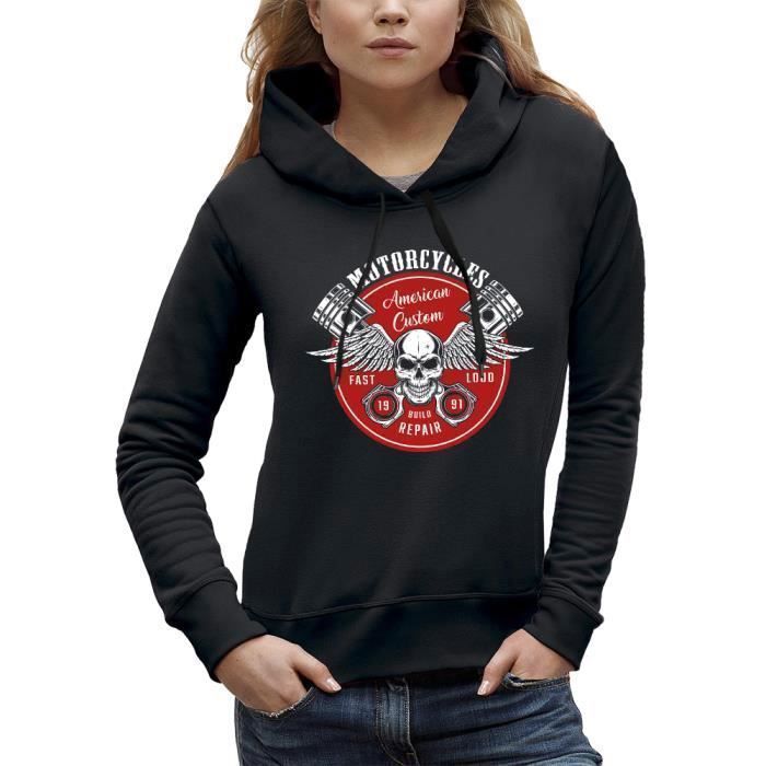 Sweat à Capuche Biker Harley - Imprimé Skull Indien, Noir, 80% Coton 20% Polyester, Imprimé En France