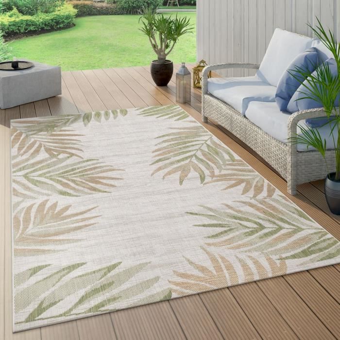 tapis interieur exterieur beige vert balcon terrasse palmier motif feuilles resistant 240x340 cm cdiscount maison