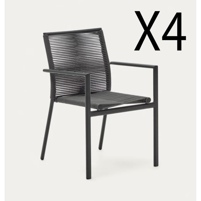 lot de 4 chaises de jardin en corde et aluminium gris - longueur 56 x profondeur 60 x hauteur 84 cm