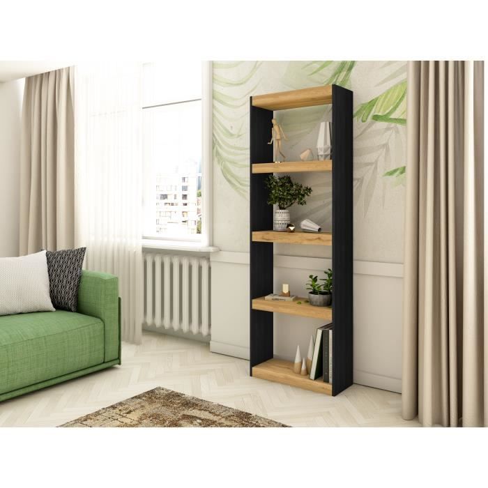 bibliothèque totem à 5 niveaux - meuble de rangement - style moderne - noir/chêne 181x60x25, rf954