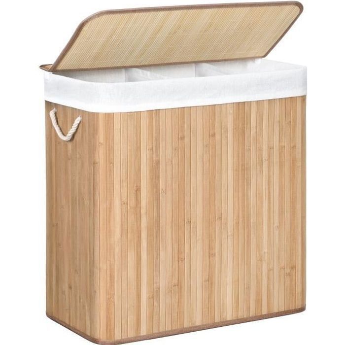 SONGMICS Panier à Linge 150 L3 Compartimenits Poignées Pliable Sac Amovible Lavable en Machine pour Buanderie ChambreBoisée
