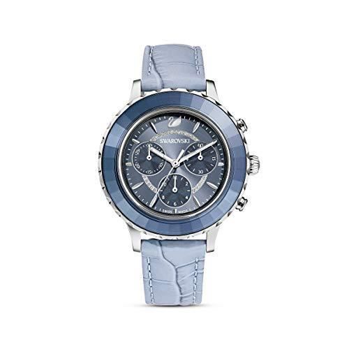 Swarovski Montre Octea Lux Chrono, bracelet en cuir, bleu, acier inoxydable