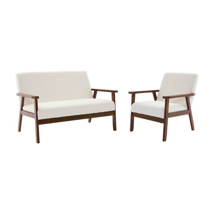 Banquette Et Fauteuil Isak En Bois Et Tissu Bouclette - Style Scandinave, L 114 X P 69,5 X H 73 Cm