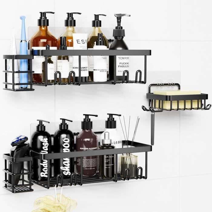 Cooeco étagère Douche Cooeco Étagère De Douche Sans Perçage 2 Pièces - Noir - En Acier Inoxydable - Avec Porte-savon Et Crochets étagère Angle Douche Noir