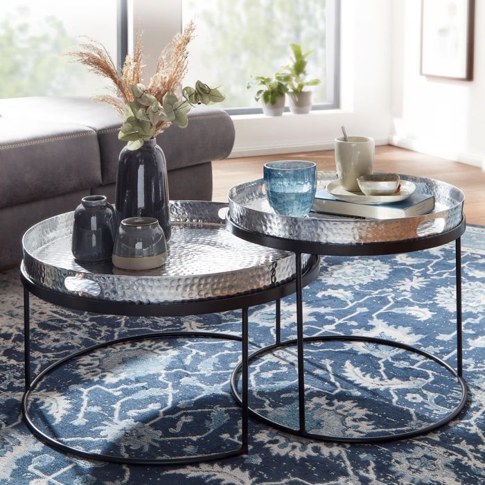 WOHNLING table basse set de 2 table plateau en métal table basse argentée ronde WOHNLING table basse set de 2 table plateau en métal table basse argentée ronde