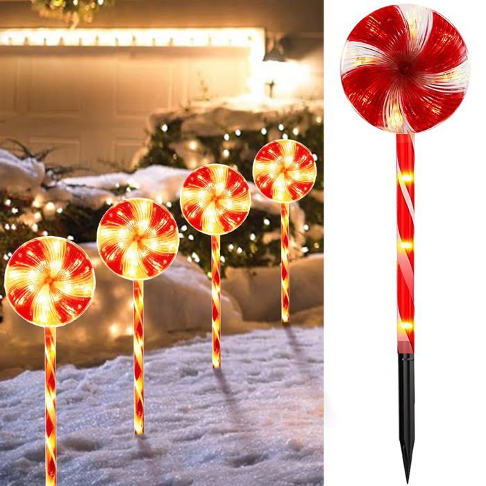 Décoration De Noël Extérieur, 4Pcs LED Sucette Lumières Solaires, Noël Canne En Bonbon Lumière Solaire Extérieur De Noël - Maison