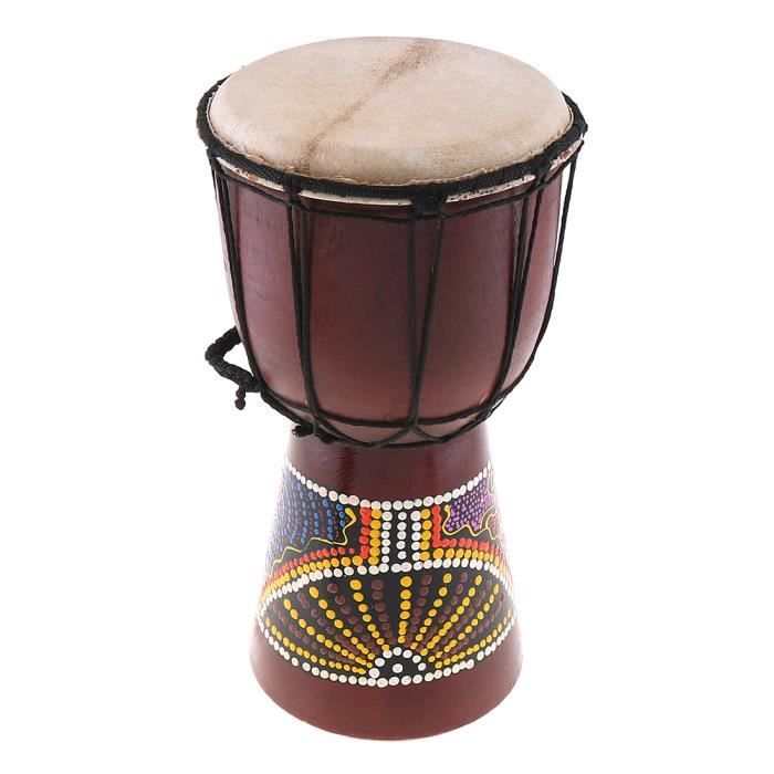 Instrument de musique à percussion africain décoratif en bois sculpté et  cuir original, Djembé décoratif ancien -  France